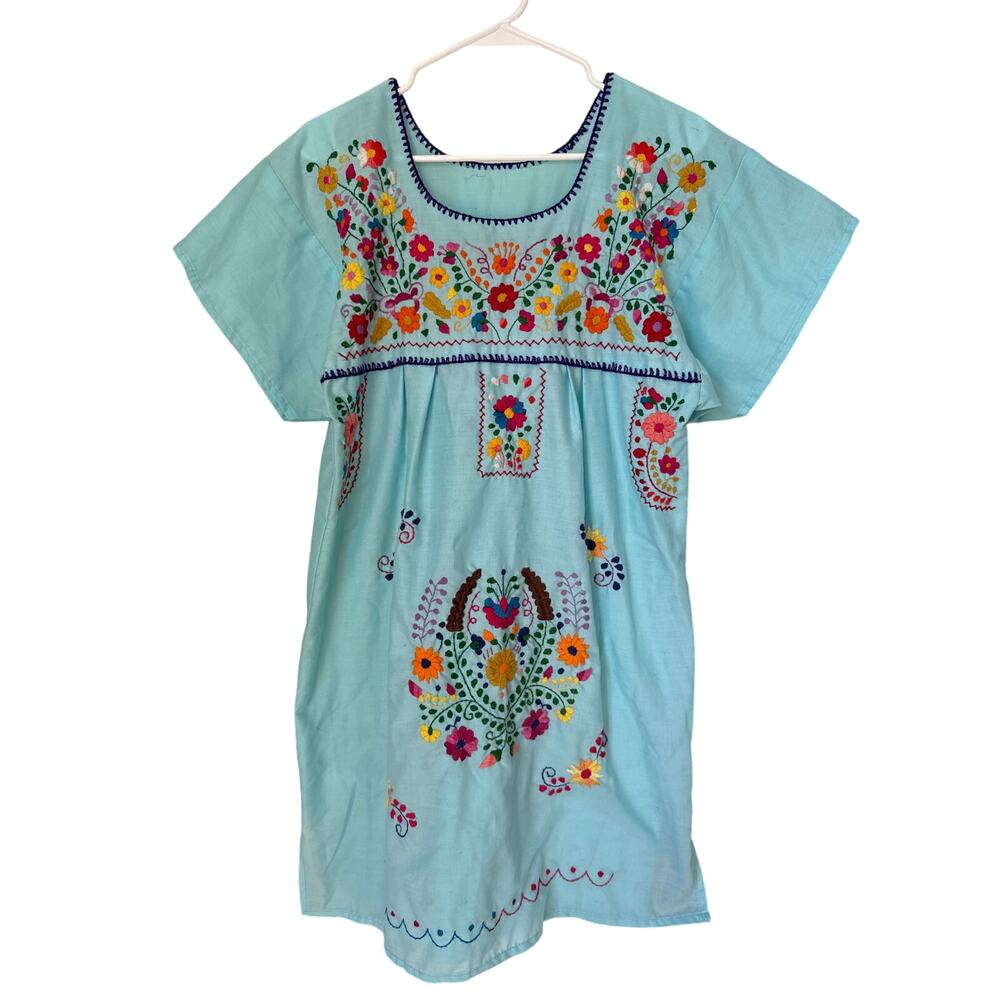 Vintage Puebla Mexican blue Embroidered short sleeved dress medium